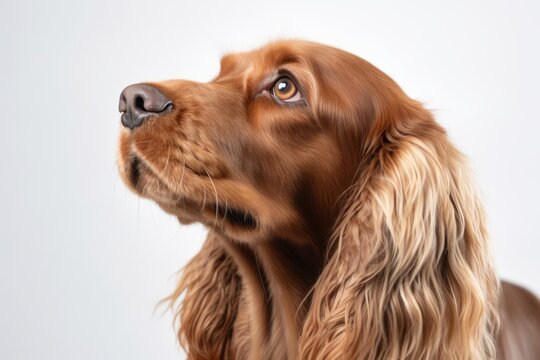 Lifestyle portrait photography of a happy cocker spaniel scratching ears against a white background. With generative AI technology