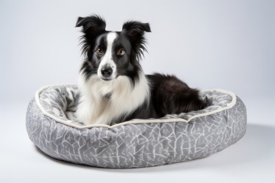 Full-length portrait photography of a curious border collie sleeping in a dog bed against a white background. With generative AI technology