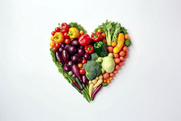 Heart shape made of different vegetables isolated on white background. Heart symbol. Vegetarian diet and healthy organic food concept. AI generated