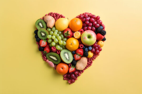 Heart shape made of different fruits and berries isolated on yellow background. Heart symbol. Fruit diet and healthy organic food concept. AI generated image