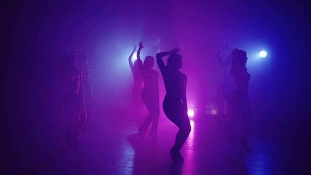 A general plan in which a large number of girls perform a synchronized dance in high heels. Energetic dance on heels. High quality 4k footage