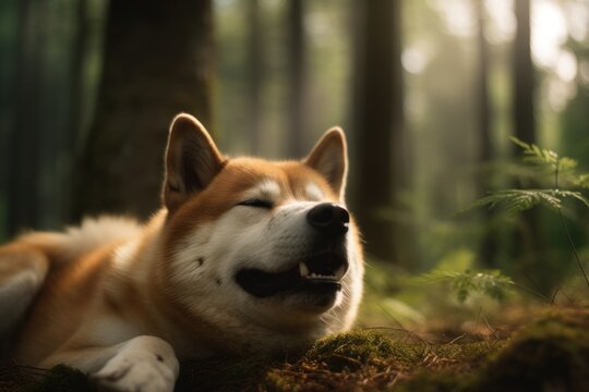 Environmental portrait photography of a happy akita inu sleeping against a forest background. With generative AI technology