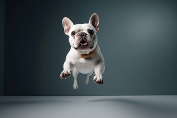 Fototapeta premium Full-length portrait photography of an aggressive french bulldog jumping against a minimalist or empty room background. With generative AI technology