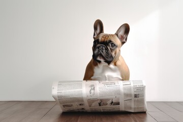 Full-length portrait photography of a curious french bulldog holding a newspaper in its mouth against a minimalist or empty room background. With generative AI technology