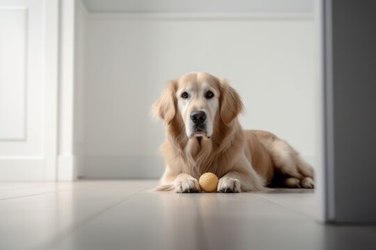 Medium shot portrait photography of a curious golden retriever having a toy in its mouth against a minimalist or empty room background. With generative AI technology