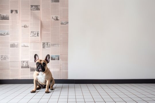 Full-length portrait photography of a curious french bulldog holding a newspaper in its mouth against a minimalist or empty room background. With generative AI technology