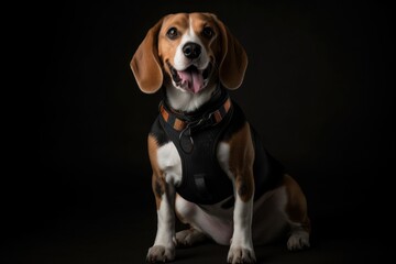 Medium shot portrait photography of a happy beagle wearing a harness against a minimalist or empty room background. With generative AI technology