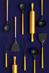 Wooden kitchen utensils, tools and equipment on blue background.