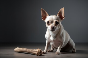 Environmental portrait photography of an aggressive chihuahua holding a bone in its mouth against a minimalist or empty room background. With generative AI technology