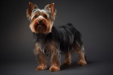 Full-length portrait photography of an aggressive yorkshire terrier posing with a family against a minimalist or empty room background. With generative AI technology