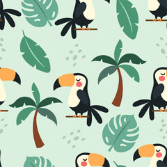 A pattern with toucans on a green background with tropical leaves © Myurenn