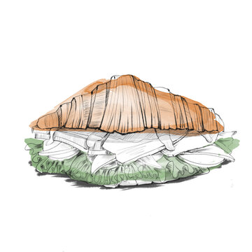 recommend clip art: Line art drawing of a croissant with stuffing with colored spots on a white background