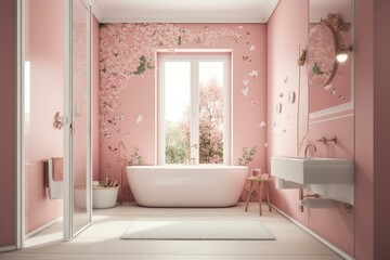 Fototapeta na wymiar Pink kids bathroom wall mockup on interior background. Generative AI