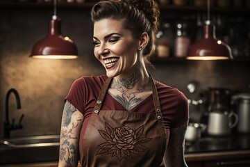 Pretty woman with nice tattoos, smiling, works in the kitchen at home. Ai generated.