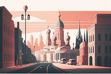 Moscow in russia, Tourist postcard of landscape topics, simple flat design in pastel tones. AI generated.