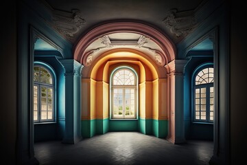 Fototapeta premium Light passes into the large, empty room through colorful stained glass windows. Ai generated.