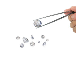 Select cut diamond in diamond tweezers, transparent background