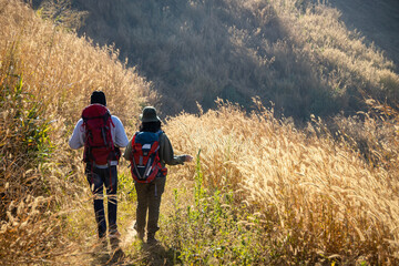 Naklejka premium Happy Travelers Hiking with Backpacks on the Beautiful Rocky Trail at Warm Sunny. Hikers with backpacks walks in mountains. travel in the mountains with backpacks. Travel in the mountain with backpack