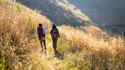 Obraz premium Happy Travelers Hiking with Backpacks on the Beautiful Rocky Trail at Warm Sunny. Hikers with backpacks walks in mountains. travel in the mountains with backpacks. Travel in the mountain with backpack