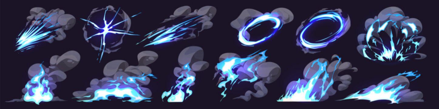 Cartoon set of smoke clouds with neon blue lightning effect isolated on black background. Vector illustration of comic dust puff, dirty steam after magic power strike, light speed, explosion fume