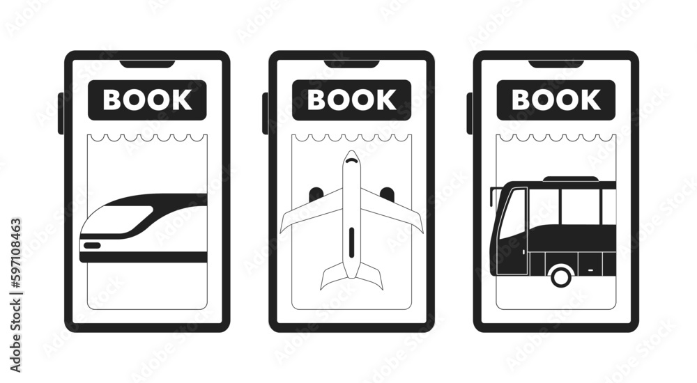 Poster booking bus, train, plane tickets app monochrome concept vector spot illustration set. editable 2d f