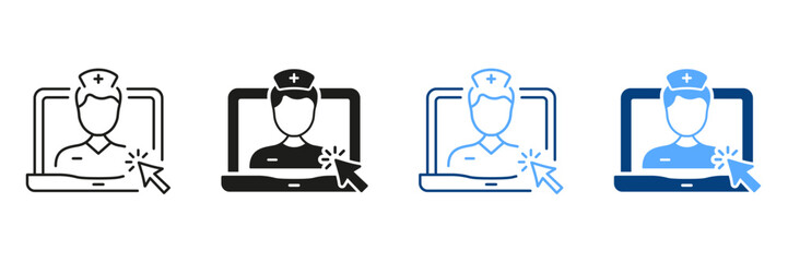 Virtual Doctor Man. Online Medical Service in Laptop Line and Silhouette Icon Set. Telemedicine and Healthcare Black and Color Symbol Collection. Physician Consultation. Isolated Vector Illustration