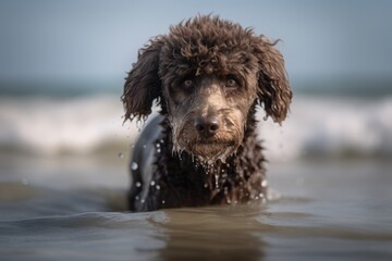 Lifestyle portrait photography of an aggressive poodle swimming against a beach background. With generative AI technology
