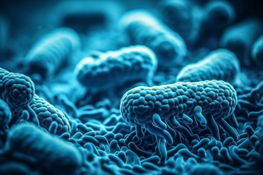 An illustration of a macro shot of long blue bacteria and viruses on a surface, Generative AI