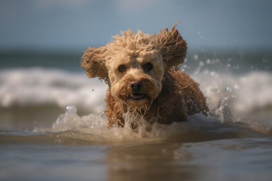 Lifestyle portrait photography of an aggressive poodle swimming against a beach background. With generative AI technology