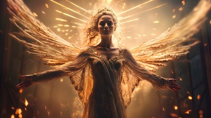Celestial Angel, Radiant Wings, Golden Halo, Descending from Heaven, Fantasy Studio Portrait, 8K Resolution. Generative AI