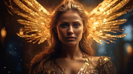 Celestial Angel, Radiant Wings, Golden Halo, Descending from Heaven, Fantasy Studio Portrait, 8K Resolution. Generative AI