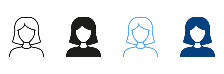 Woman Line and Silhouette Icon Set. Female Pictogram. Businesswoman, Politician Lady Black and Color Sign. Business Manager. Beautiful Profile Avatar Symbol Collection. Isolated Vector Illustration