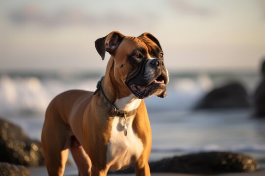 Full-length portrait photography of an aggressive boxer dog biting his tail against a beach background. With generative AI technology