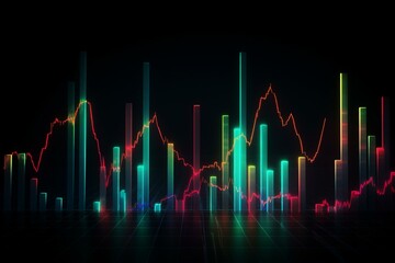 A neon colored background showcases a financial graph with a trend line and candlestick chart detailing stock market activity. Generative AI