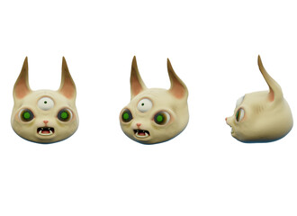 set of cartoon monsters cat head on transparent background - 3d render illustration