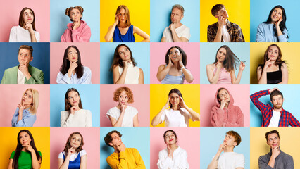 Collage made of portraits of different young people, men and women posing with thoughtful, dreaming faces over multicolored background. Human emotions, youth, lifestyle, facial expression concept. Ad