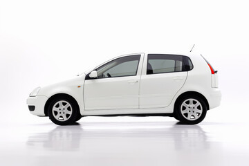 Fototapeta na wymiar Small white car is parked in white studio area with white background. Generative AI