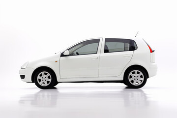 Small white car is parked in white studio area with white background. Generative AI