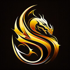 Golden dragon on black background with red and yellow stripe around it. Generative AI