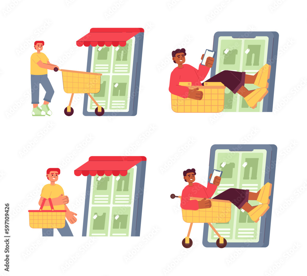 Poster clothing app for shopping through mobile flat concept vector spot illustration set. editable 2d cart