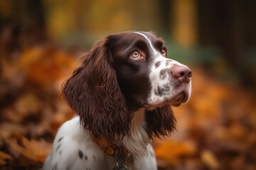 Environmental portrait photography of a curious english springer spaniel sniffing against an autumn foliage background. With generative AI technology