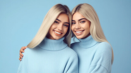 Obraz premium Two happy young beautiful woman in blue sweater on blue background. Generative AI image