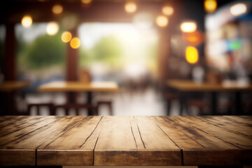 Macro closeup of a wooden table top with a blurred cafe background. Generative AI