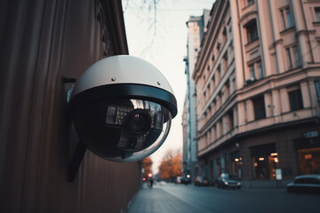 Round CCTV camera surveilling an urban street. Closeup with selective focus. Created with generative AI.