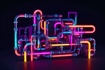 Group of pipes that are all connected together in colorful neon light. Generative AI