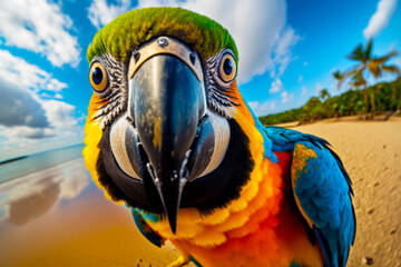 Colorful parrot standing on top of beach next to body of water. Generative AI