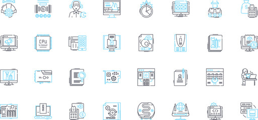 Software coding linear icons set. Programming, Algorithms, Debugging, Variables, Functions, Syntax, Loops line vector and concept signs. Engineering,Testing,Refactoring outline illustrations