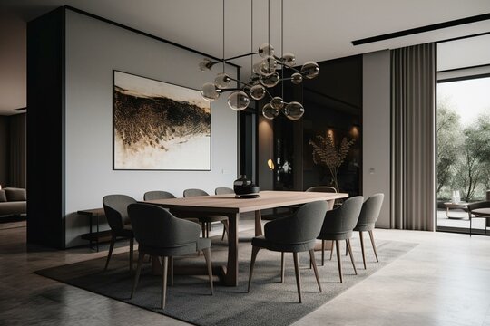 Sleek dining area with contemporary furnishings and decor. Generative AI