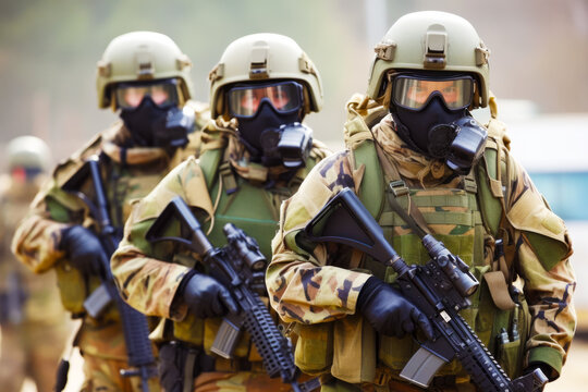 Group of soldiers wearing gas masks and holding guns and wearing gas masks. Generative AI