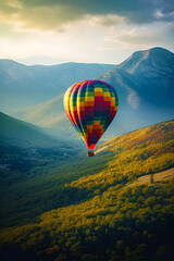 Colorful hot air balloon flying over lush green hillside covered in trees. Generative AI